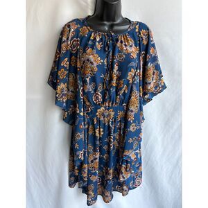 Kindom Batwing Sleeve Blue Tunic Dress Floral Size S Gypsy Boho Ethnic Beachy